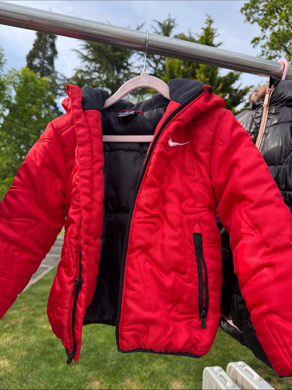 Nike Kids Red Hooded Puffer Jacket with Black Trim